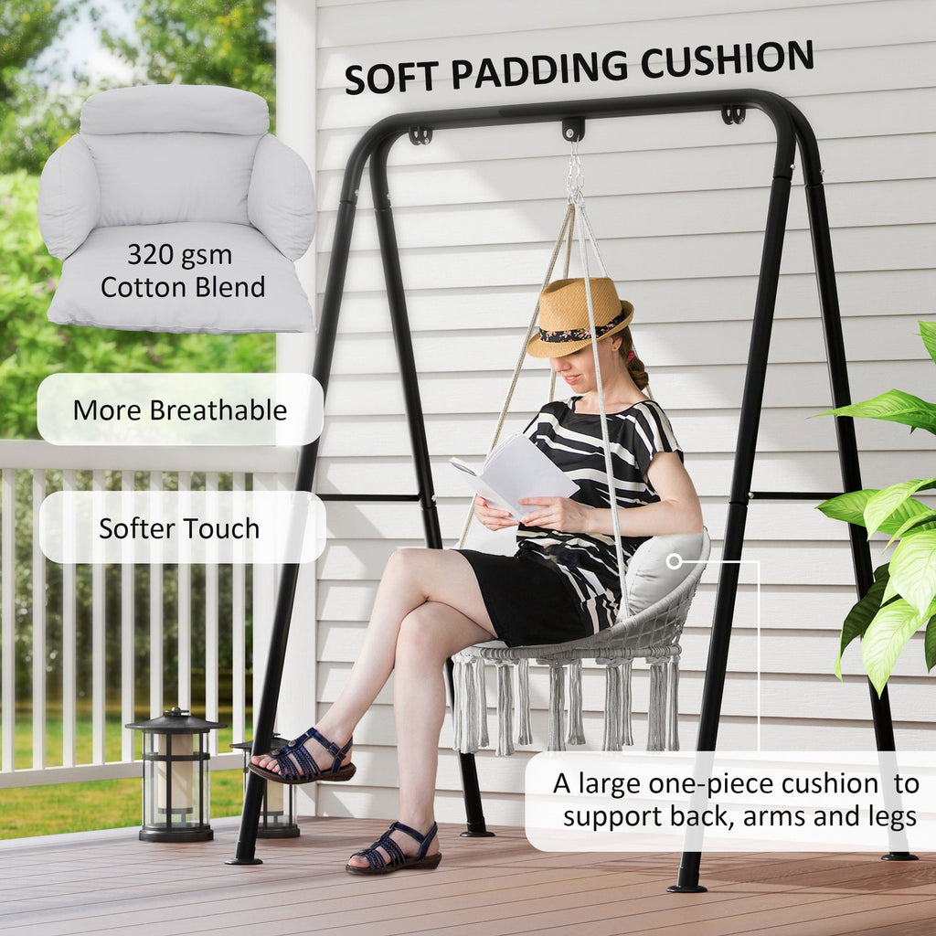 hammock swing chair macrame hanging chair with large cushion chain steel frame for indoor outdoor use gray - 