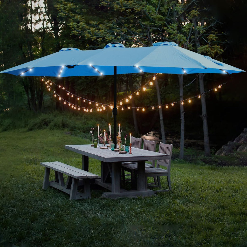 15x9ft large double sided rectangular outdoor twin patio market umbrella with light and base blue - 