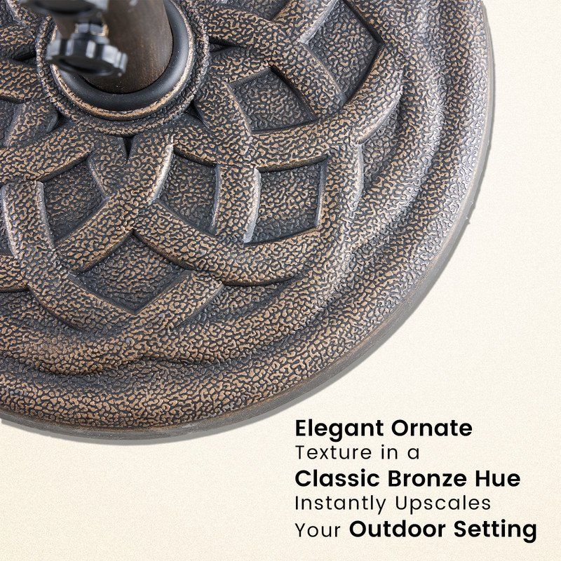 16 5 inch umbrella base 2 manual knobs 22 lbs resin base 2 adapters weather resistant bronze powder coated construction 