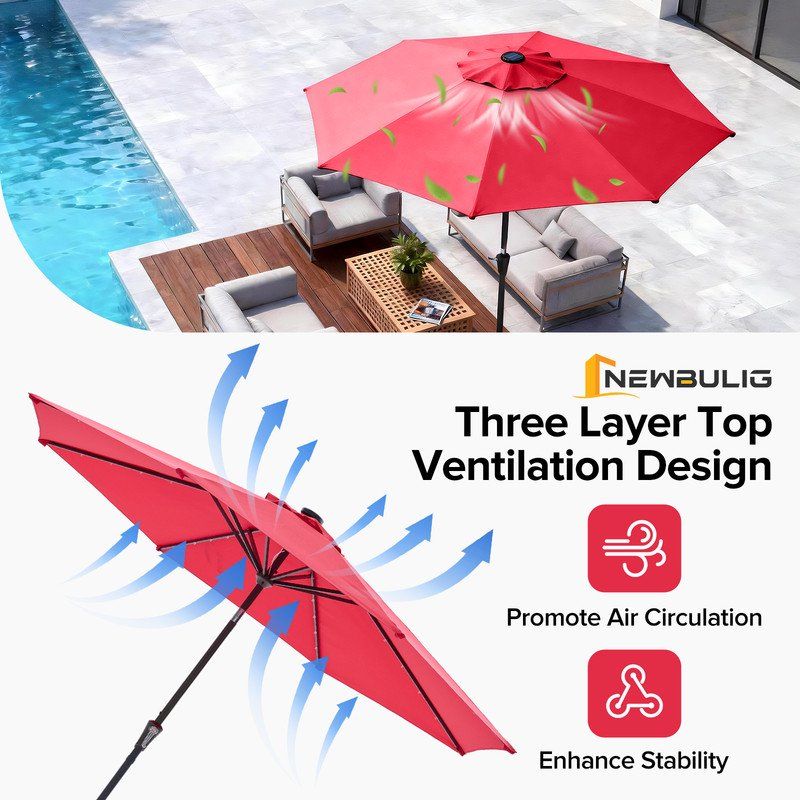 10 ft patio umbrella for table outdoor sun umbrella with 32 led solar lights red - 