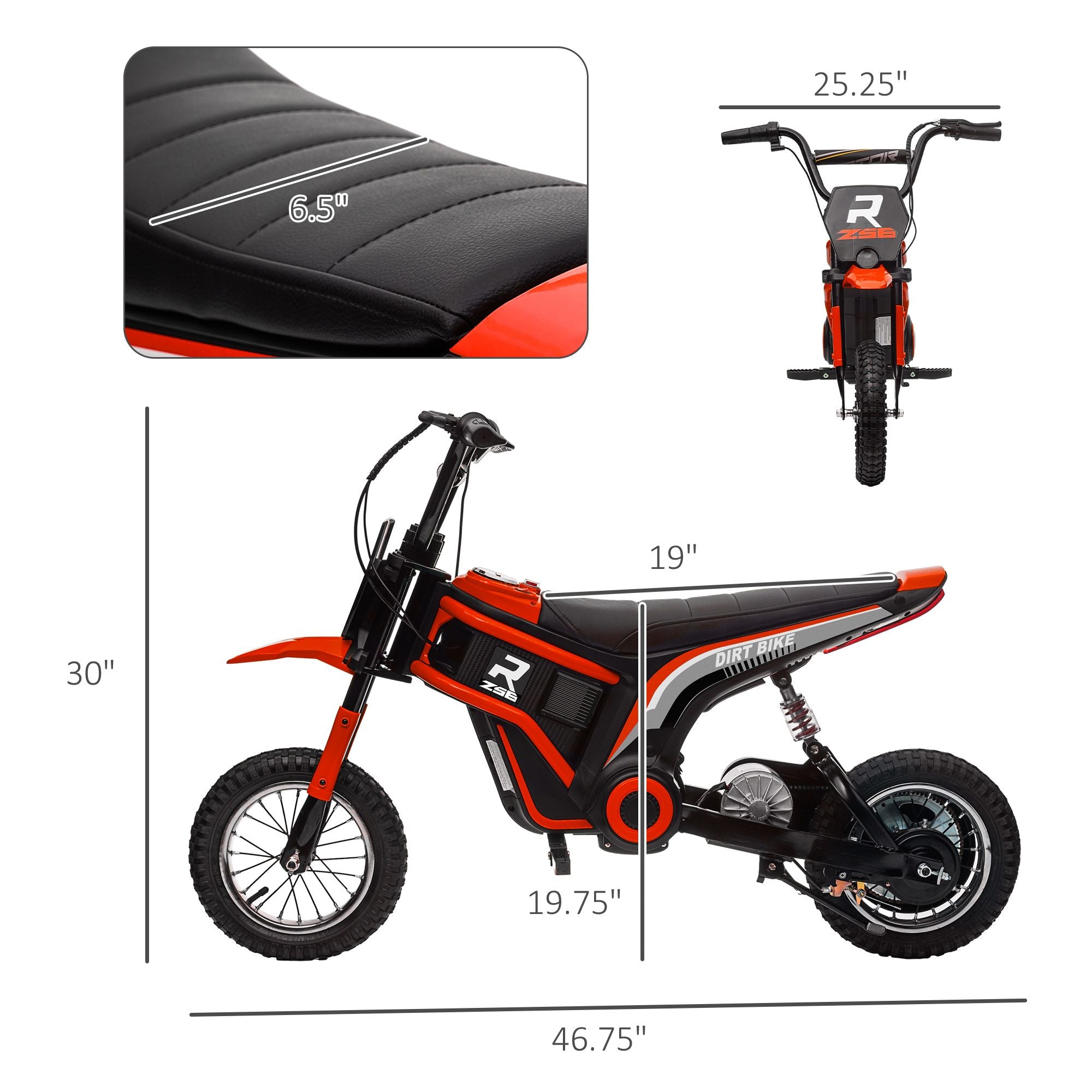 Aosom 24V electric dirt bike, close-up of knobby tires and alloy wheels