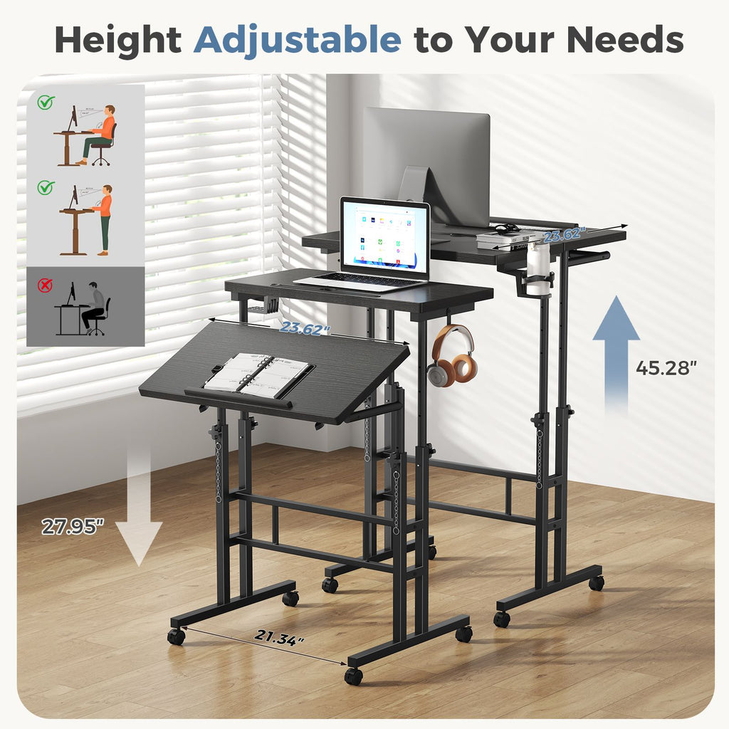 24inch manual height adjustable split top standing desk on wheels sit stand workstation with rolling base space saving t