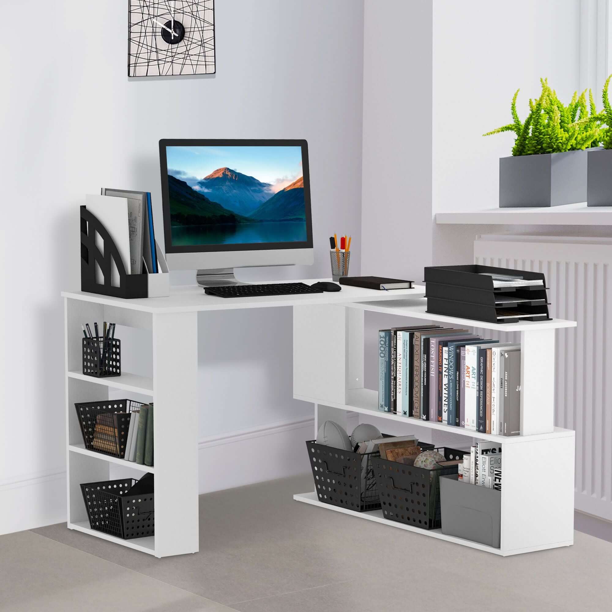 white l shaped corner computer desk with 360 rotating design storage shelves perfect home office workstation - 