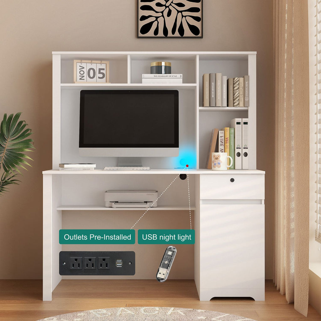 versatile white desk with hutch and bookshelf equipped with charging ports drawers for home office and study needs - ima