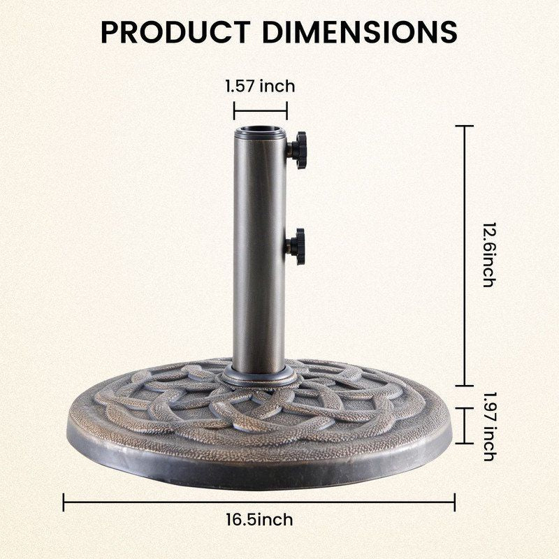 16 5 inch umbrella base 2 manual knobs 22 lbs resin base 2 adapters weather resistant bronze powder coated construction 