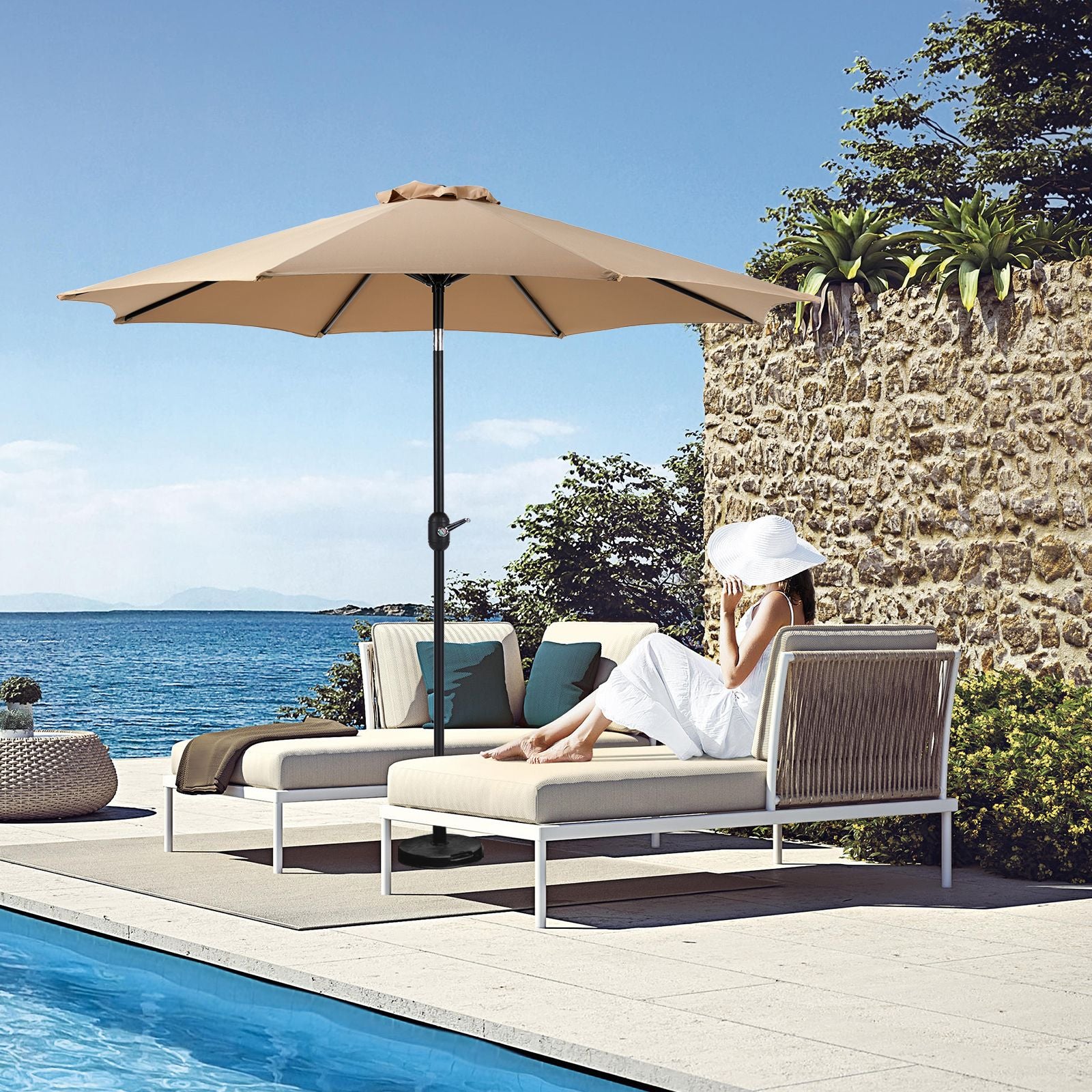 7 5 foot outdoor terrace sun umbrella with button tilt and hand cranking device 6 rib design uv15 waterproof fabric - im