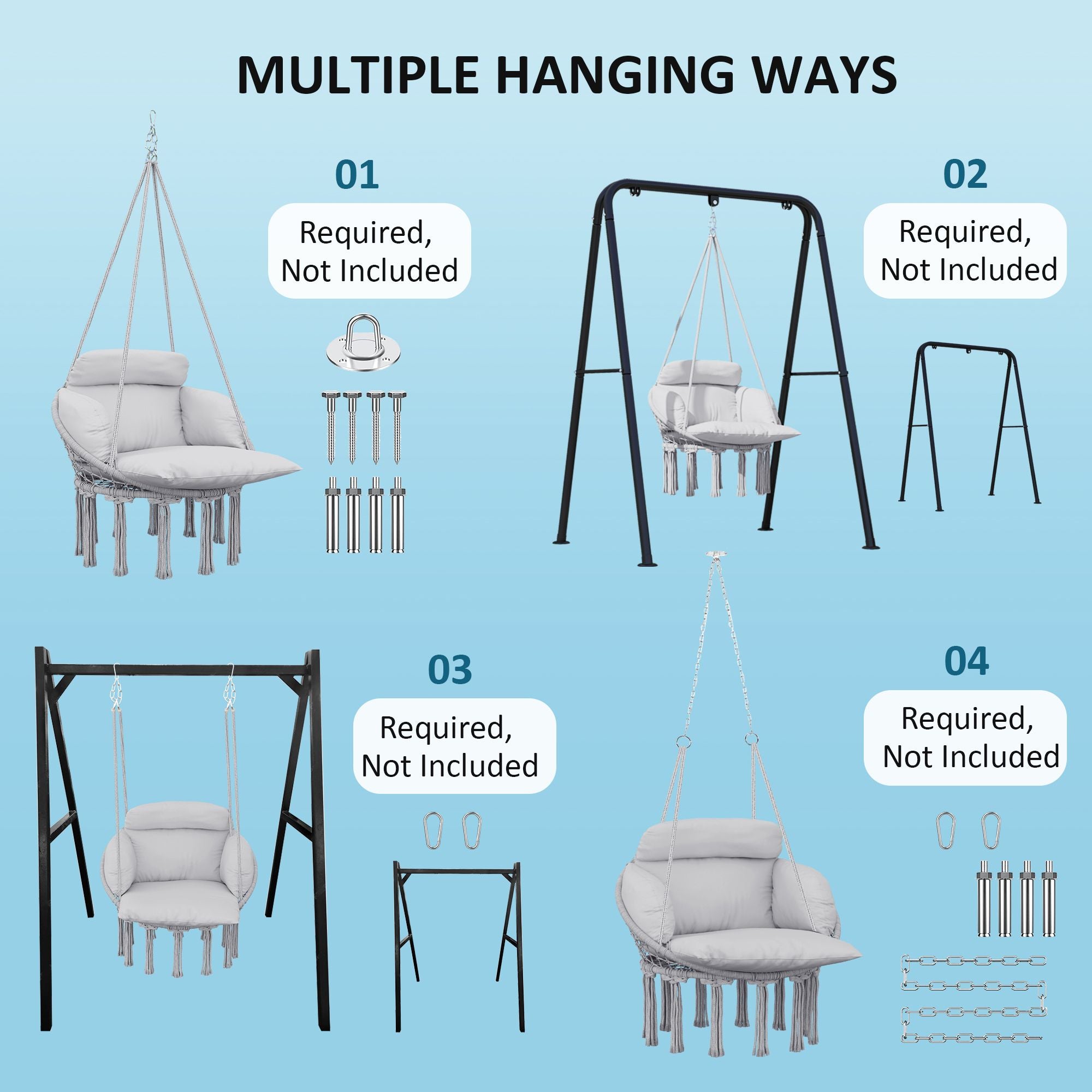 hammock swing chair macrame hanging chair with large cushion chain steel frame for indoor outdoor use gray - 