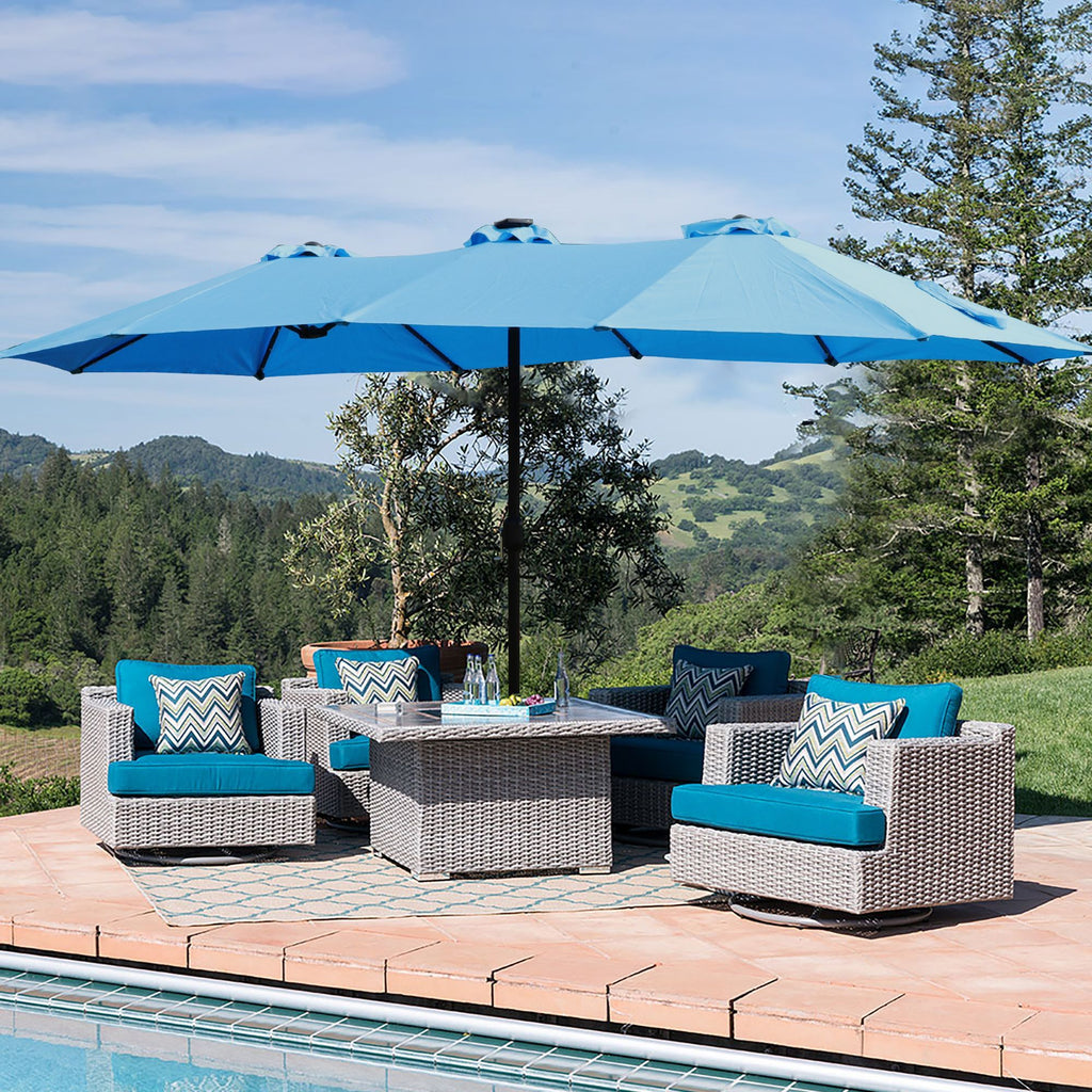 15x9ft large double sided rectangular outdoor twin patio market umbrella with light and base blue - 