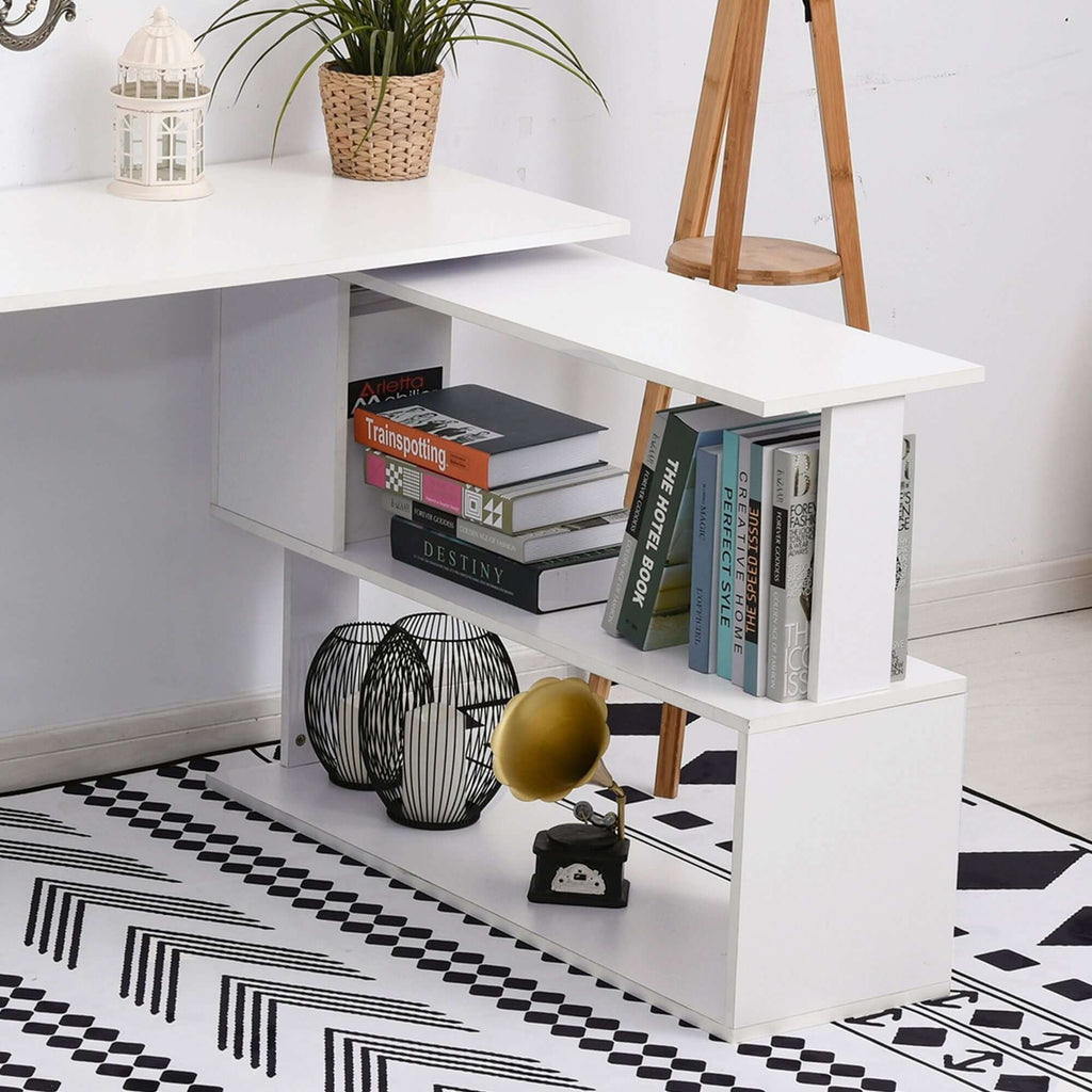 white l shaped corner computer desk with 360 rotating design storage shelves perfect home office workstation - 