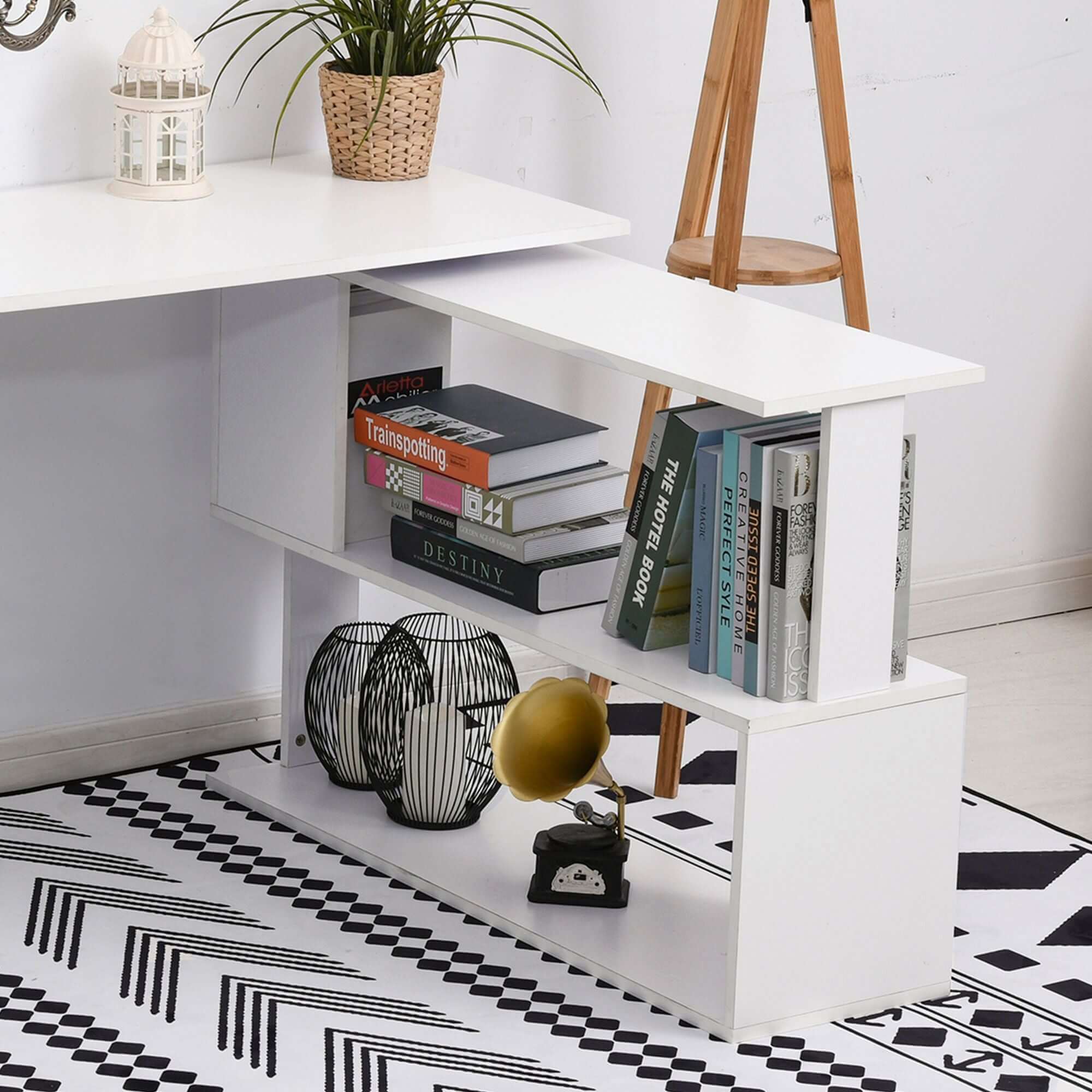 white l shaped corner computer desk with 360 rotating design storage shelves perfect home office workstation - 
