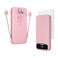 Fast charging power bank with built-in cables and AC wall plug in pink color.