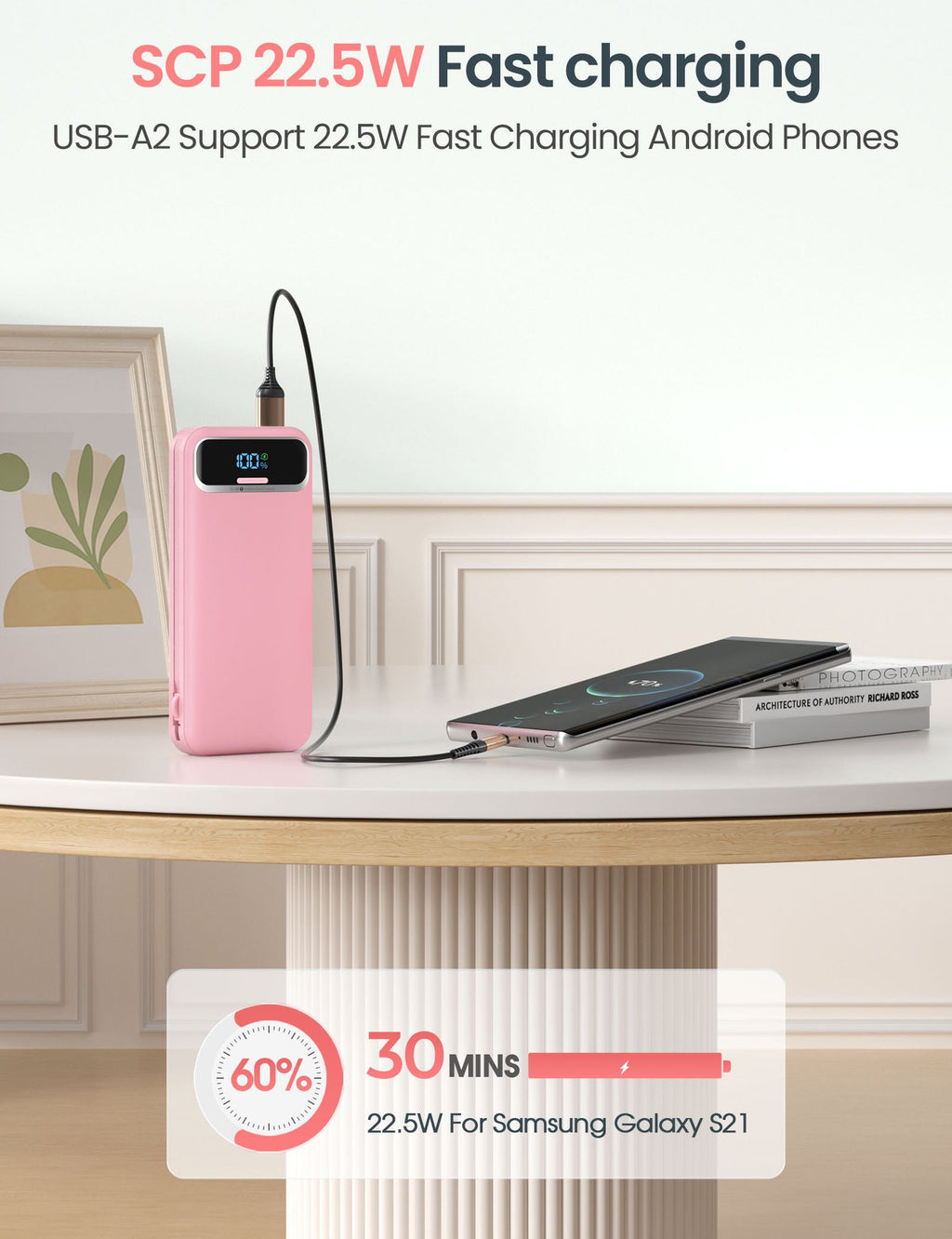 Fast charging power bank charging an Android phone, showing SCP 22.5W capability for quick charging.