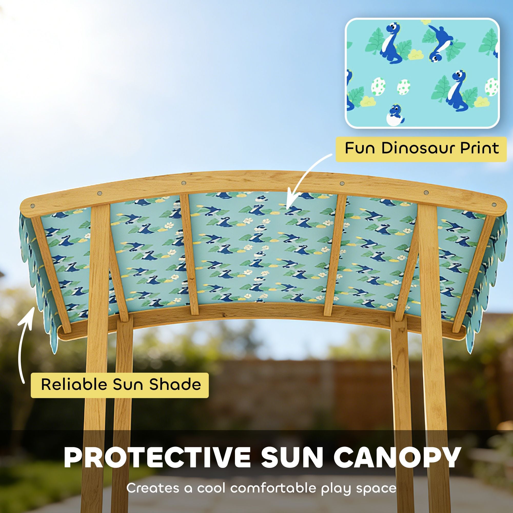 wooden sandbox with dinosaur print canopy kids sandbox outdoor with bench seats 2 storage bins - 