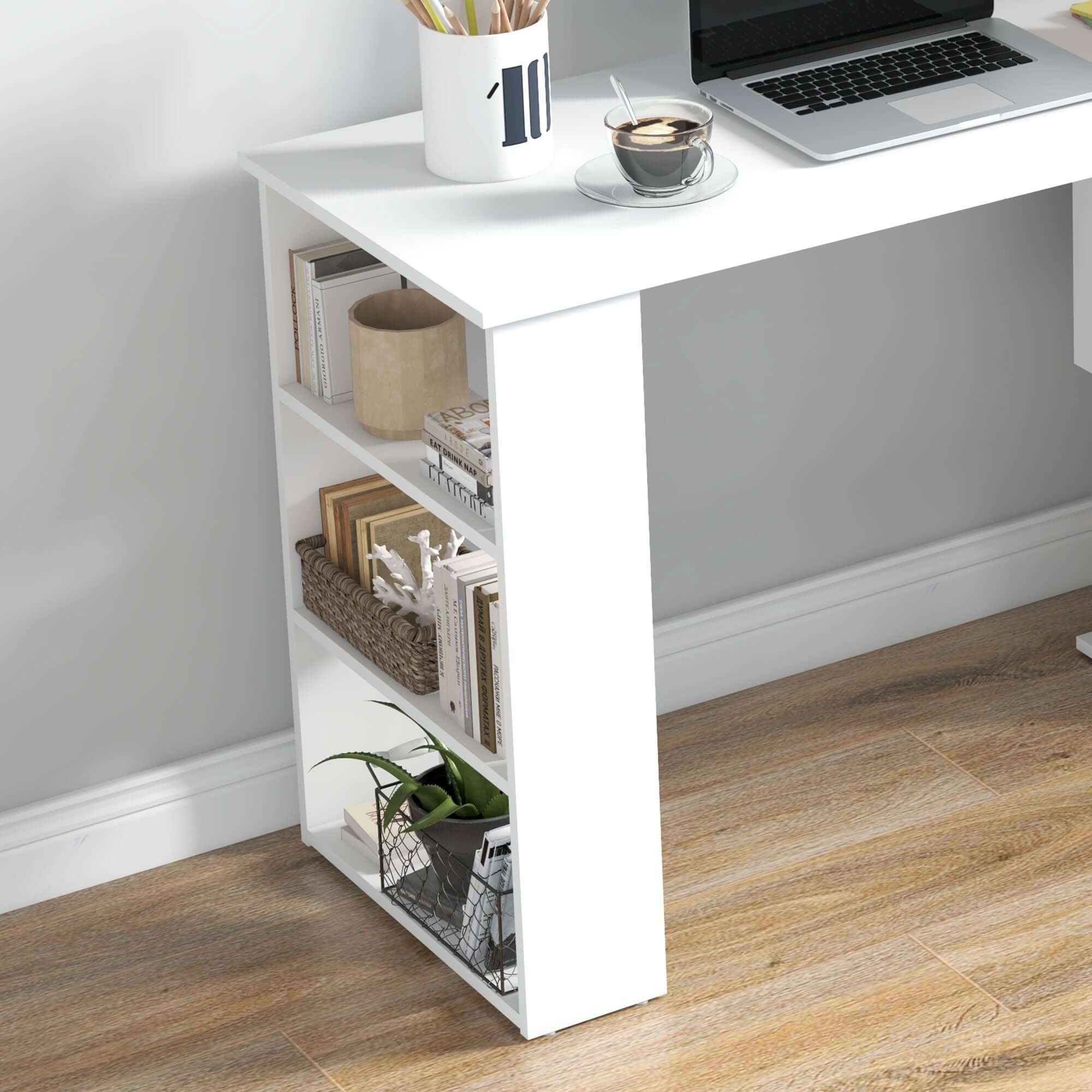 white l shaped corner computer desk with 360 rotating design storage shelves perfect home office workstation - 