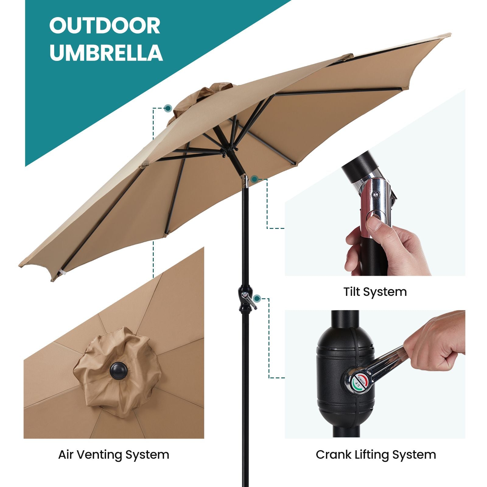 7 5 foot outdoor terrace sun umbrella with button tilt and hand cranking device 6 rib design uv15 waterproof fabric - im