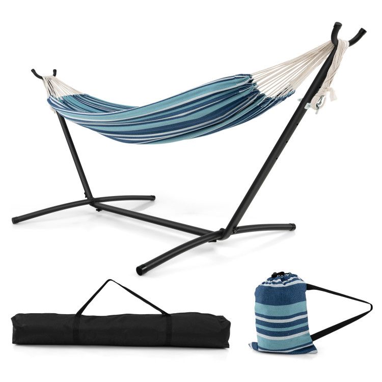 portable indoor outdoor 2 person double hammock set with stand and carrying cases - 
