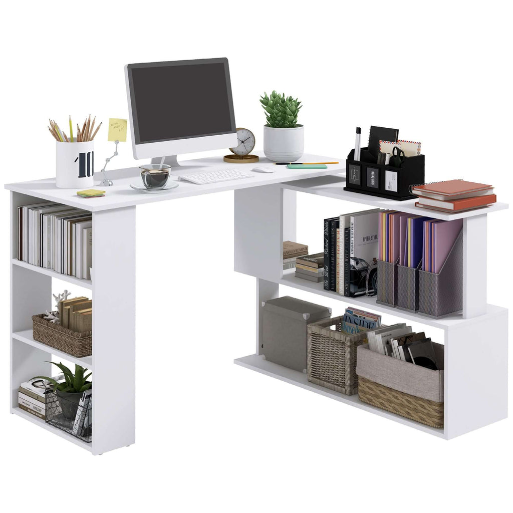 white l shaped corner computer desk with 360 rotating design storage shelves perfect home office workstation - 