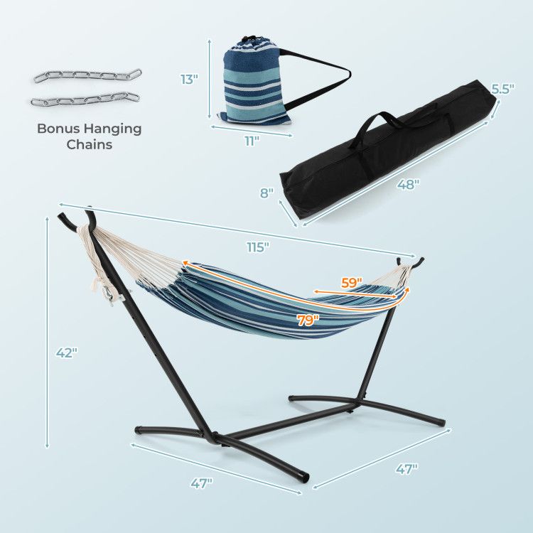 portable indoor outdoor 2 person double hammock set with stand and carrying cases - 