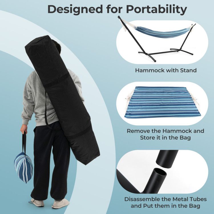 portable indoor outdoor 2 person double hammock set with stand and carrying cases - 