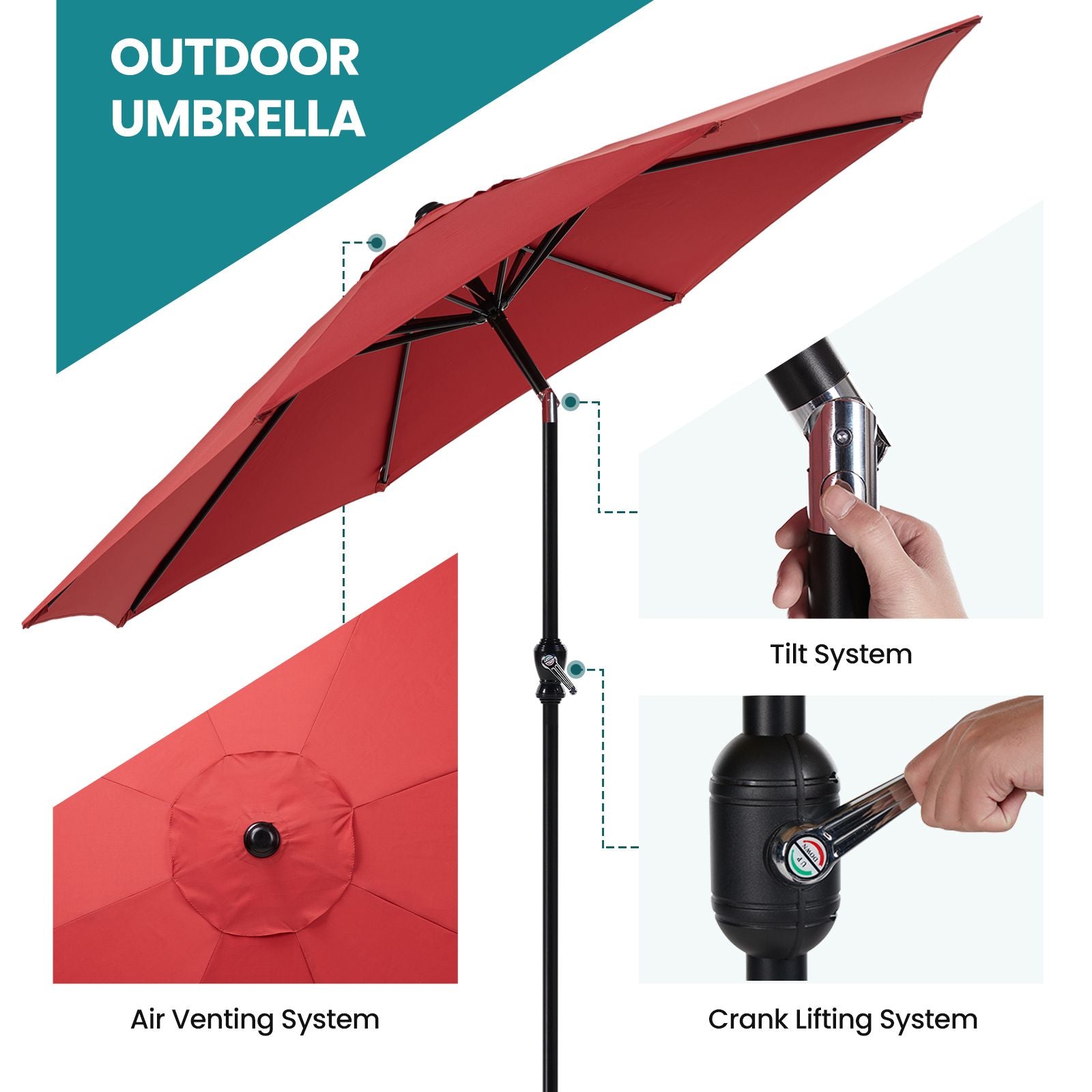7 5 foot outdoor terrace sun umbrella with button tilt and hand cranking device 6 rib design uv15 waterproof fabric - im