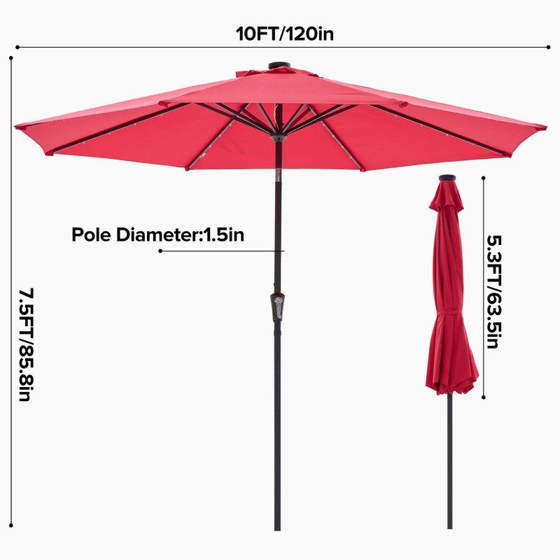 10 ft patio umbrella for table outdoor sun umbrella with 32 led solar lights red - 