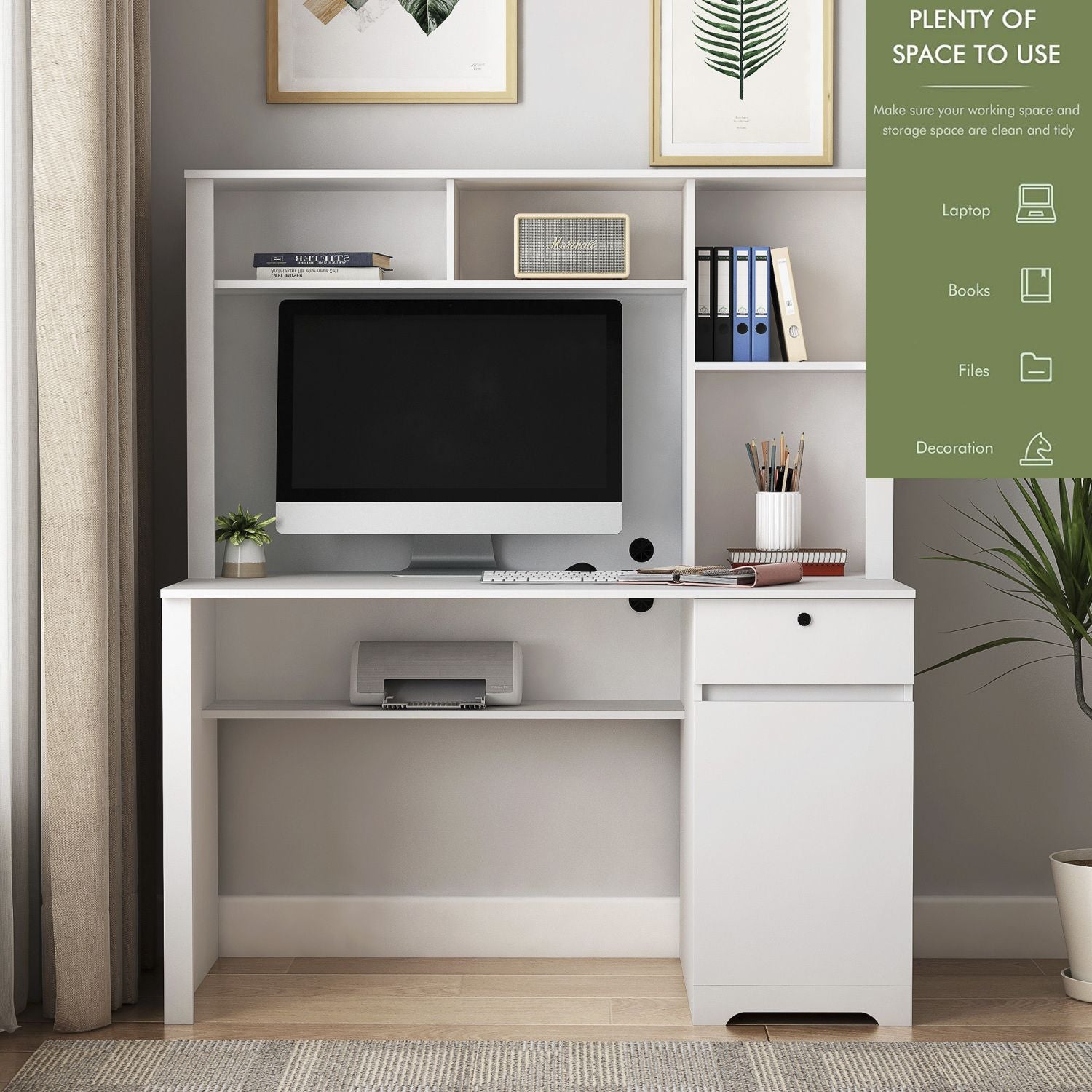 versatile white desk with hutch and bookshelf equipped with charging ports drawers for home office and study needs - ima