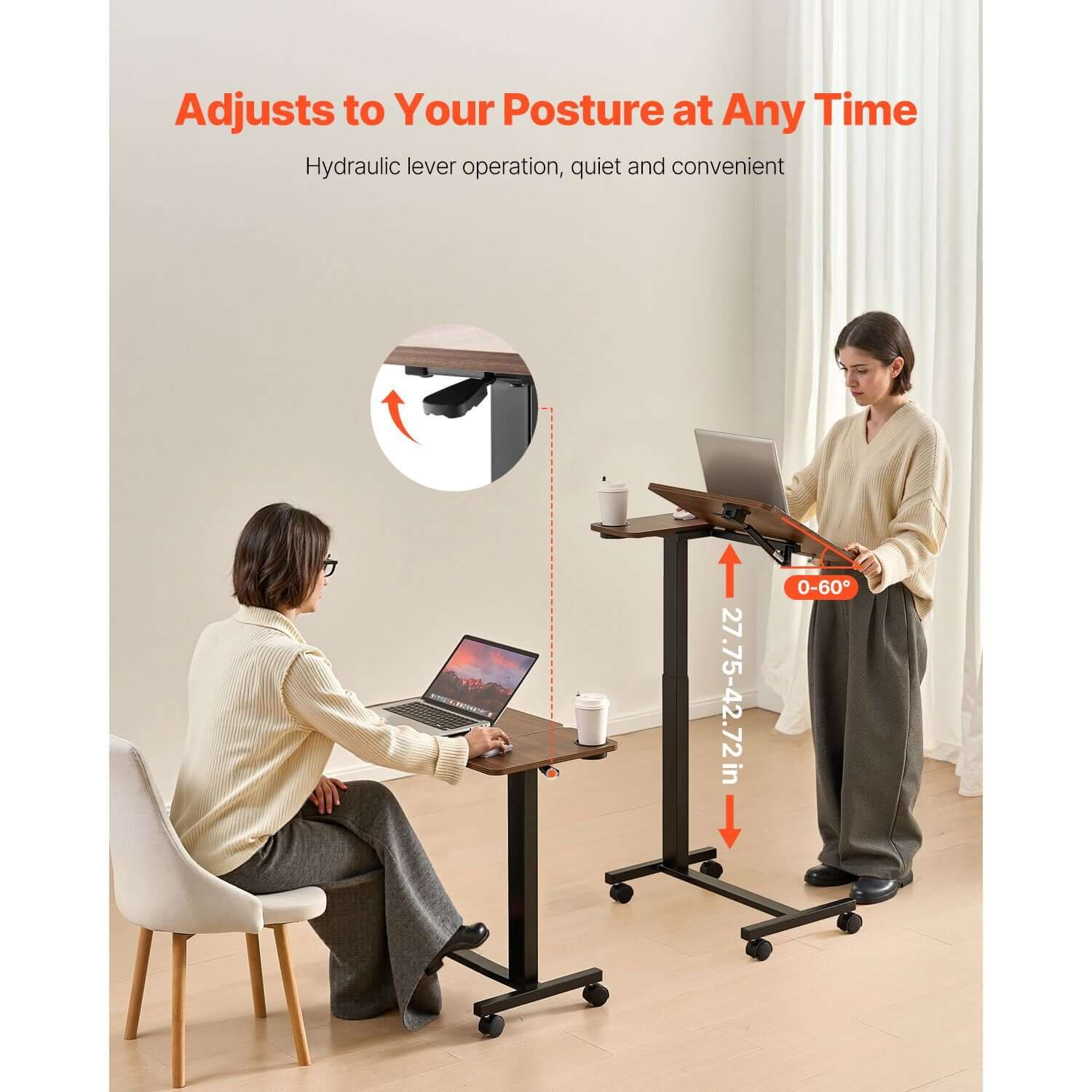 portable overbed desk with height angle adjustments rolling laptop table with cup holder for study work - 