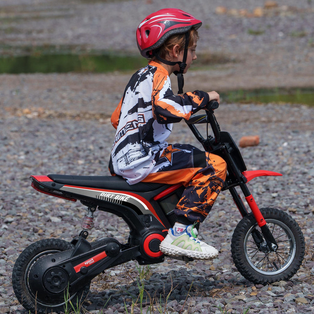 Aosom 350W electric dirt bike, close-up of handlebar, brake levers and music horn button