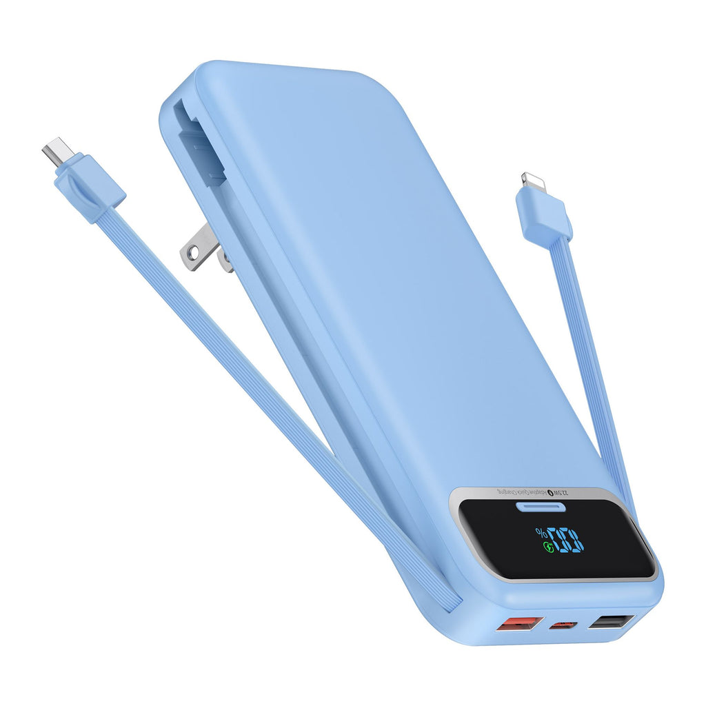 Fast charging power bank for Android and iPhone with built in cables and AC wall plug, 12000mAh capacity.