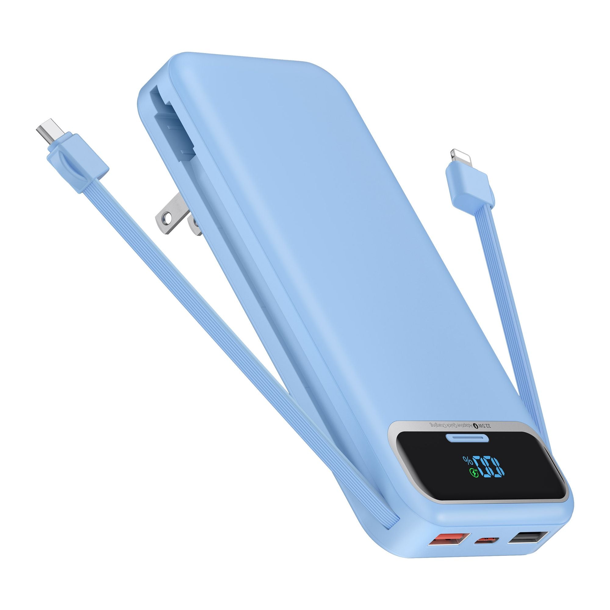 Fast charging power bank for Android and iPhone with built in cables and AC wall plug, 12000mAh capacity.
