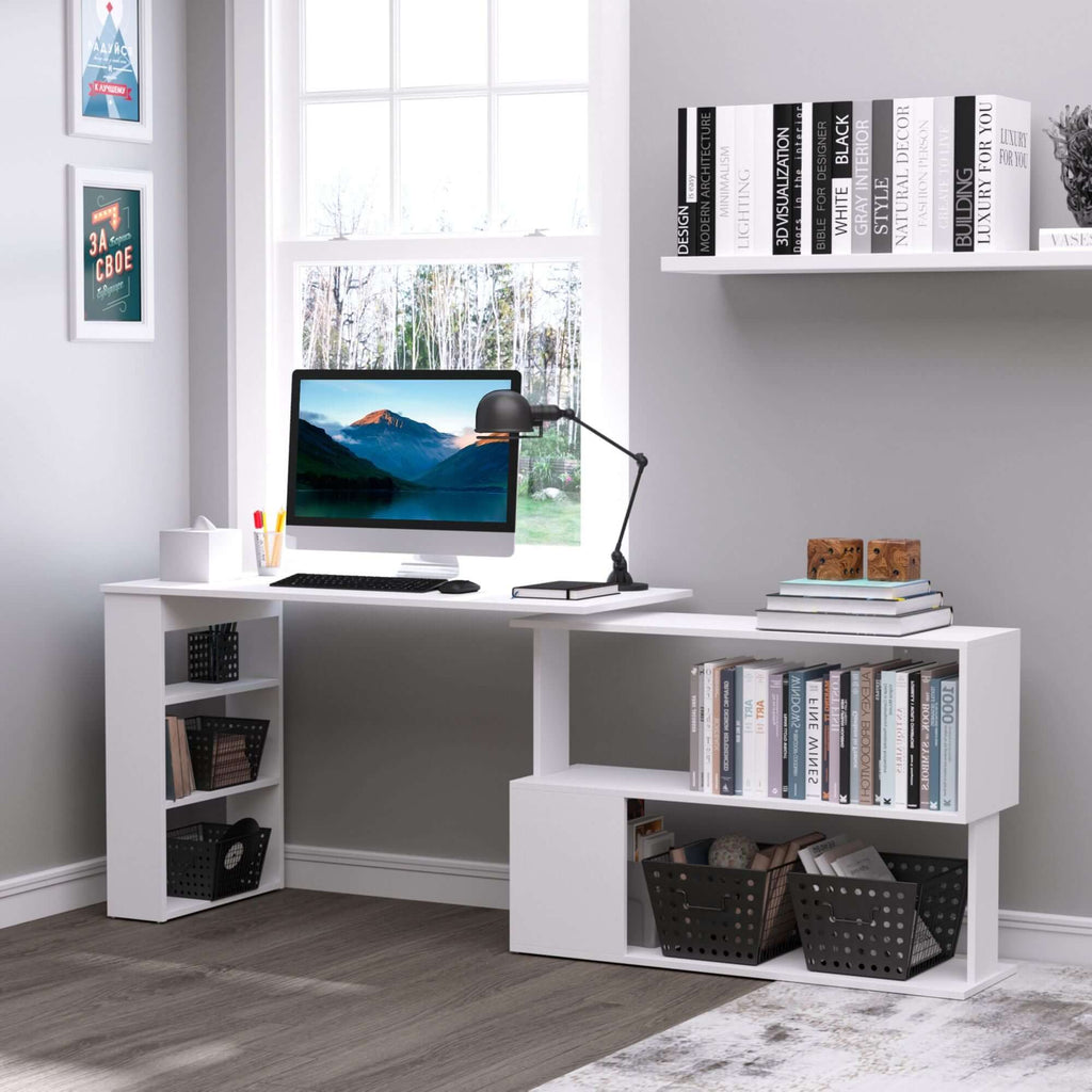 white l shaped corner computer desk with 360 rotating design storage shelves perfect home office workstation - 