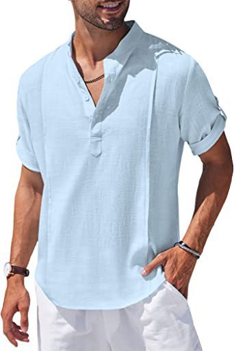 henley style linen shirt men casual beach shirt short sleeve t shirt summer - 