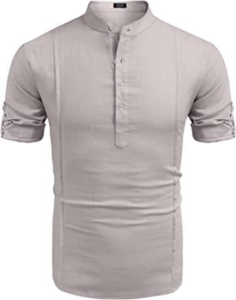 henley style linen shirt men casual beach shirt short sleeve t shirt summer - 